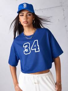 Streetz SHEIN Sport 印花宽松运动T恤和背心健身女式衬衫 - 藍色 - 查看 3