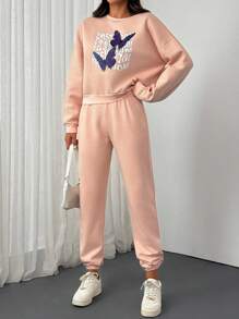 EURMUSE 2pcs Women's Spring & Autumn Letter And Butterfly Print Crew Neck Sweatshirt And Elastic Waist Pants Casual Set - Pink - View 1