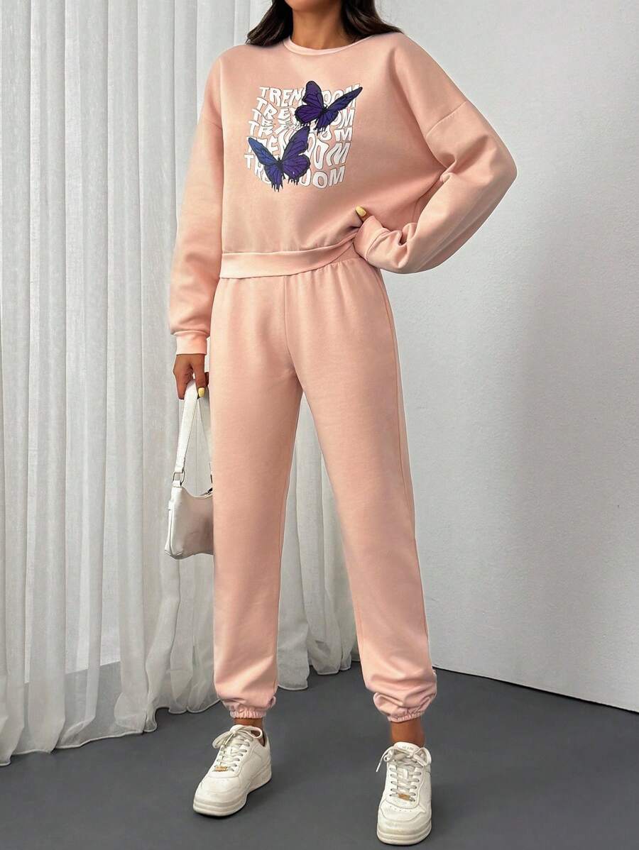 EURMUSE 2pcs Women's Spring & Autumn Letter And Butterfly Print Crew Neck Sweatshirt And Elastic Waist Pants Casual Set - Pink - View 1
