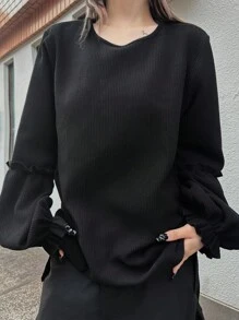 FRIFUL 女士休闲纯色灯笼袖T恤，春秋季 - 黑色 - 查看 3