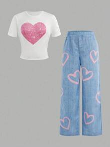 SHEIN 2pcs/Set Teen Girl Summer Casual Chic Heart Pattern T-Shirt & Heart Print Wide Leg Pants Set Spring/Summer/Autumn, Vacation & Daily Wear Youth Girls Clothes
