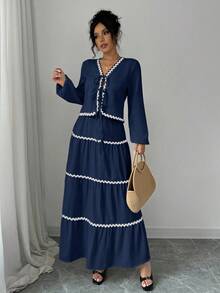 Rafferiza Women's French Elegant Lantern Sleeve Ruffle Trim Bowknot Blouse And Skirt 2 Pieces Set Fall Cloth For Women - Navy Blue - View 6