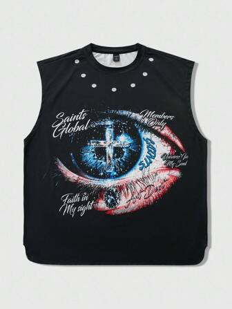Grunge Punk Black Short Men's Tank Top With Mysterious Eye Graphic, Street Style, 2000s Style