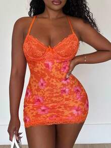 Alexandranx Lace Cup Detail Tropical Floral Mesh Bodycon Mini Dress,Bohemian Clothes - Orange - View 3