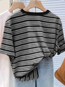 女款T恤/蝴蝶结图案印花/黑白条纹格子大码T恤/刺绣工艺/女士时尚高端休闲超宽松圆领上衣/春夏 - 彩色 - 查看 2