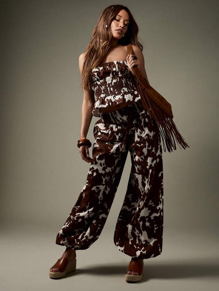 MISSGUIDED Western Inspired High Waisted Cow Print Balloon Pants Cotton Wide Leg Elastic Smocked Waist Summer Festival Boho Relaxed Fit Casual Trousers
