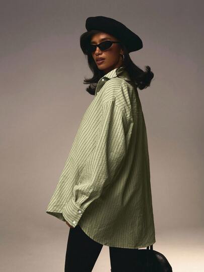 Athîral 女士前扣领长袖粉色条纹简约衬衫情人节