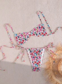 Swim Mod Women's Swimwear Set With Side Drawstring Pants, Tie-Side Micro Bikini, Sweet Ditsy Floral Beach Vacation Swimwear For Summer - Multicolor - View 7