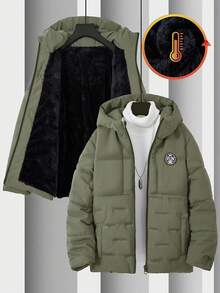 SHEIN Tween Boy Outdoor Sports Warm Simple Zip-Up Solid Color Padded Coat, Green Fall Winter