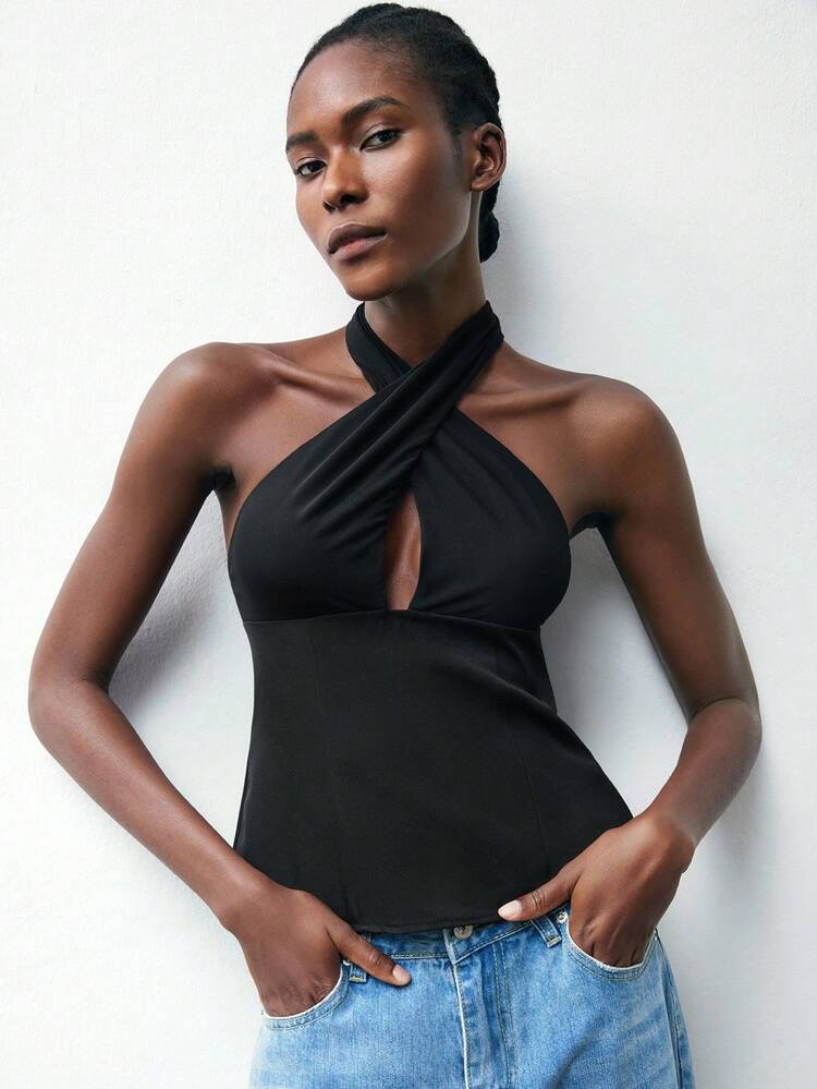 SHEIN Maija Purple Mesh Criss-Cross Tie Neck Cutout Backless Crop Top, Casual & Minimalist Urban Style, Fall For Women Casual Old Money Party Top Thanksgiving For Women Halloween Costume Women