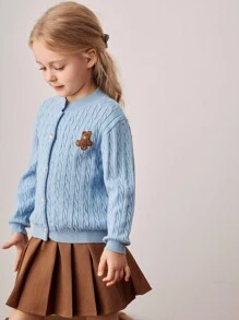 PrepCrw 少女学院风小熊刺绣贴片针织开衫 - 藍色 - 查看 3