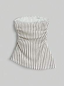 Comfortcana 條紋印花分割褶邊無肩帶上衣 - 黑與白 - 查看 2