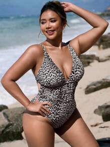 Swim SXY Plus Size Women's One-Piece Leopard Print Halter Backless Sexy Swimsuit, Casual Beach Holiday