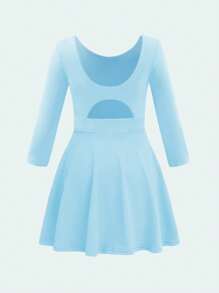 小女孩芭蕾舞连体衣，镂空后背，长袖舞蹈服，适合学校表演和比赛 - 藍色 - 查看 2