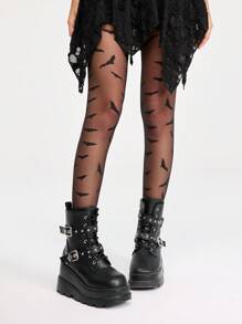 ROMWE Grunge Punk 1pc Black Sexy Bat Design Pantyhose/Tights For Women, Halloween - Black - View 3