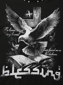 ROMWE MEN Street Life 男士圆领闪亮钻石鸽子印花长袖T恤，2000年代风格 - 黑色 - 查看 4