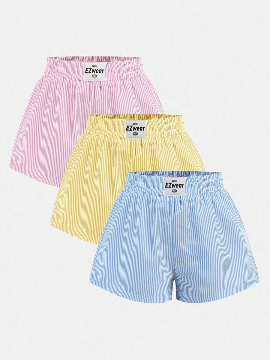 SHEIN 3pcs/Set Tween Girls Casual Striped Shorts Set With Elastic Waistband, School, Campus, College