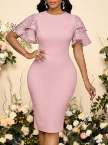 SHEIN Lady Women's Elegant Contrast Lace Ruffle Sleeve Midi Dress, Summer,Work Dresses