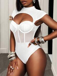 BamGleam 春夏季日常休闲性感度假鱼骨网小高领女士紧身衣 - 白色 - 查看 3