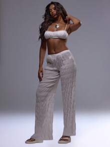 MUSERA Ruched Textured Straight Leg Trouser Summer 90's Boho Elegant Holiday Casual - White - View 5
