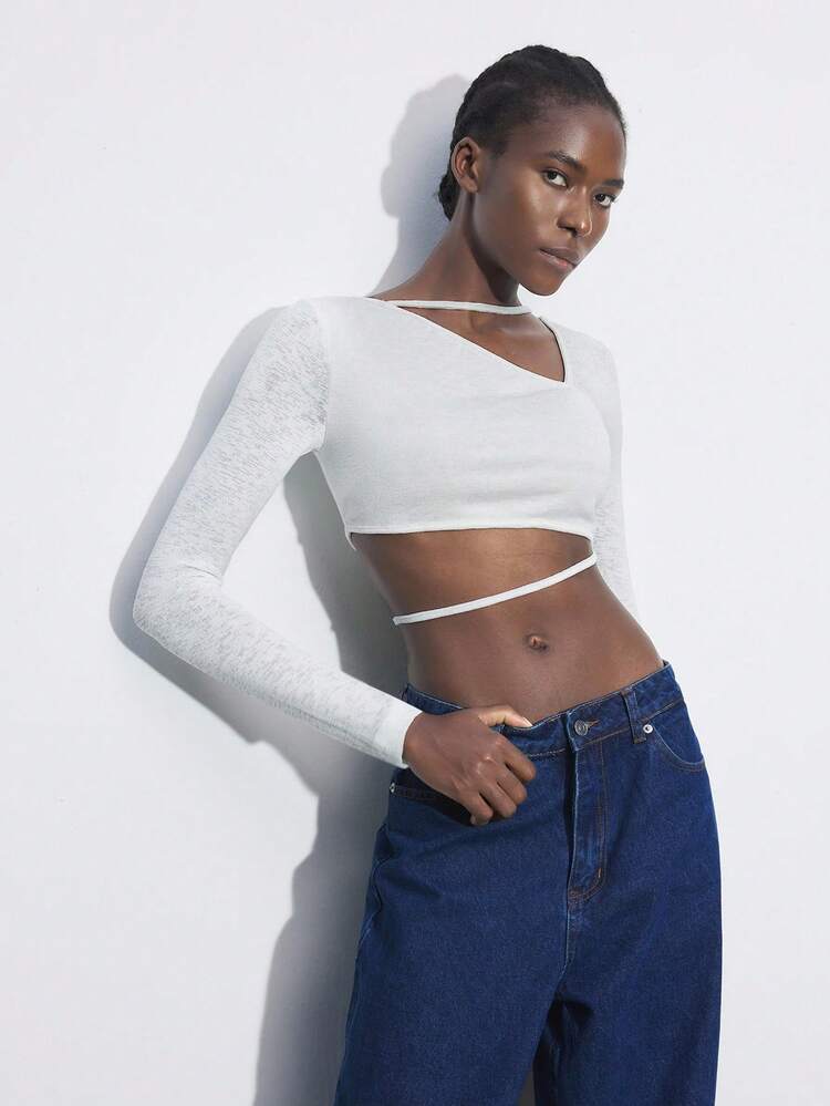 SHEIN Maija Women Asymmetric Shoulder Adjustable Tie-Up Detail Soft & Comfy Bodycon Top, Modern Urban Stylish Design, Spring/Summer Hippie Going Out Tops Women Concert Vacation Woman Modest