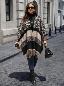 EMERY ROSE Plus Size Casual Color Block Leopard Print Tassel Hem Cardigan, Autumn/Winter Fall - Multicolor - View 4