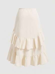 SHEIN MOD Plus Size Creamy Apricot Asymmetrical Ruffle Hem Drawstring Pleated Layered Party Skirt - Apricot - View 2