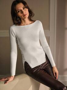 MOTF PREMIUM Áo len xẻ tà đính đá - trắng - Xem 2