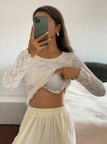 DAZY Semi-Sheer Botanical Print Jacquard Fabric Fitted White Long Sleeve Sleep Top With Built-In Bra For Women Pajama - Apricot - View 1