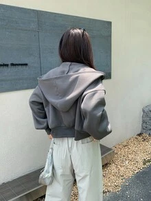 SHEIN 少女宽松连帽外套，休闲短款飞行员夹克卫衣，春秋季 - 深灰色 - 查看 3