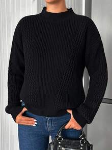 SHEIN Tall Suéter casual de malha canelada tamanho grande para mulheres, cor sólida - Preto - Ver 5