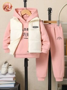 SHEIN Explorewe 3件組少女淺粉色連帽衛衣、長褲、絎縫無袖背心套裝，柔軟舒適返校穿搭，秋季校園少女服飾 - 粉色 - 查看 1