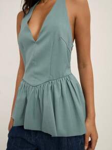 2026 Top halter con escote en V profundo sin mangas con detalle de peplum y recogido.Elegante y formal para vacaciones de verano y primavera, salidas, bodas, fiestas y festivales - Niebla azul - Ver 4