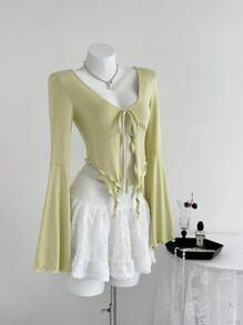 Elamini 1pc Women's V-Neck Casual T-Shirt With Tie Waist, Flared Sleeves, Slim Fit, Y2K Style, Yellow, Spring/Autumn - Mustard Yellow - View 4