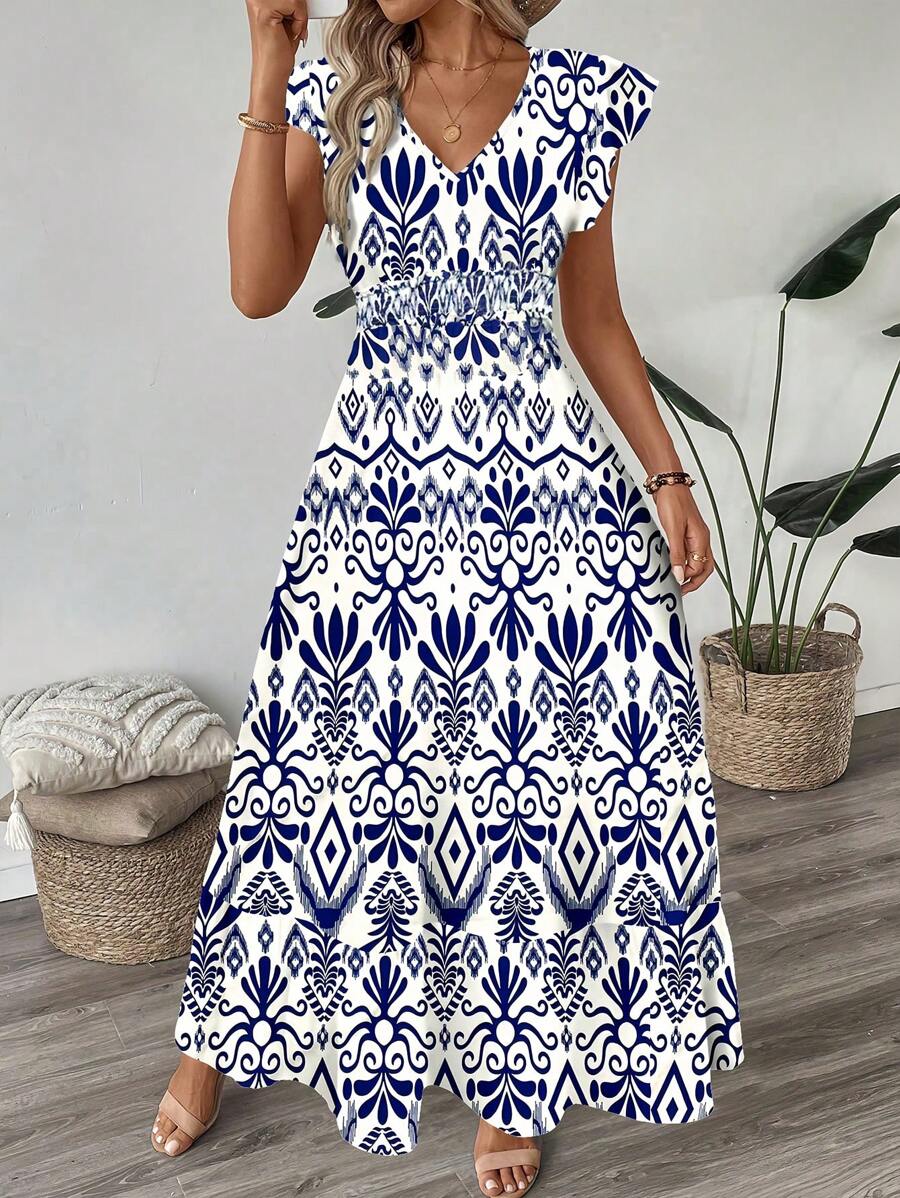 SHEIN LUNE 褶皱荷叶边飘逸袖收腰喇叭豹纹连衣裙，休闲度假优雅飘逸波西米亚风女装，适合春夏季 - 彩色 - 查看 1