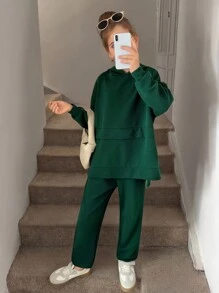 SHEIN Tween Girl Drop Shoulder Hoodie & Sweatpants - Green - View 9