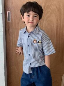 DAZY 幼儿男童条纹短袖休闲衬衫，卡通图案宽松版型，秋季 - 藍色 - 查看 4