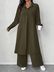 Linhara Woven Fabric Ruffle Suit Set For Women Featuring Long Pants And Collar Neckline Olive Green Outfit Women Women Pant Suit Set Plus Size Pant Suit Khaki Outfits For Women Modest Outfits For Women Fall Cloth For Women