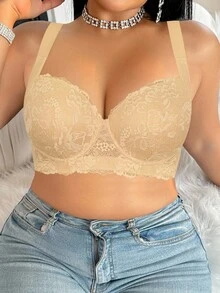 DesireSculpt 1pc Plus Size Lace Comfortable Seamless Supportive Underwire Bra, Lift