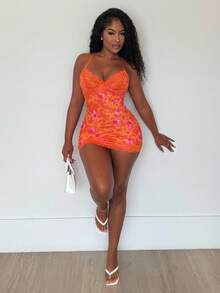 Alexandranx Lace Cup Detail Tropical Floral Mesh Bodycon Mini Dress,Bohemian Clothes - Orange - View 5