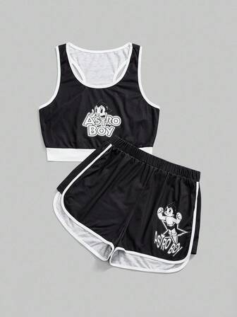 Astro Boy X ROMWE Summer Letter Graphic Contrast Trim Tank Top & Shorts Pajama Set