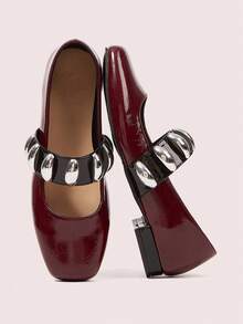 CUCCOO DOLLMOD Zapatos de mujer de tacón bajo con puntera cuadrada roja a cuadros, estilo japonés lindo para el campus - Burdeos - Ver 2