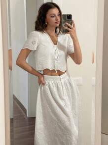 DAZY 女士V领短袖镂空裙两件套 - 白色 - 查看 6