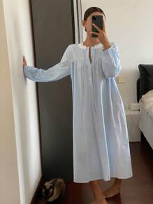 DAZY 条纹领结灯笼袖宽松女士休闲连衣裙，秋冬睡衣，舒适家居服，宽松睡裙 - 藍白色 - 查看 3