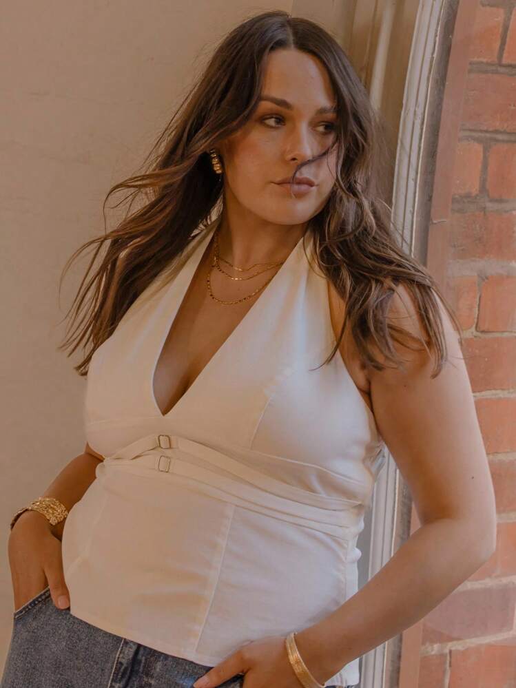 Aralina Plus Size Women Casual Halter Backless Tank Top - White - View 5