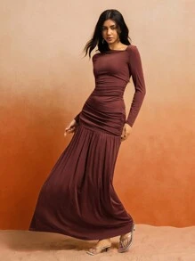 Roylia Set elegant din 2 piese pentru femei, cu tricou și fustă midi, culoare solidă, guler asimetric, mânecă lungă - Maro ruginiu - Vizualizare 5