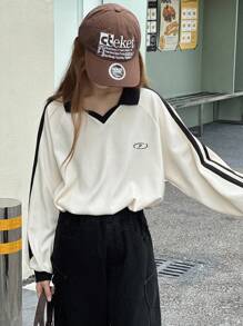 DAZY 青少年/青年女孩宽松休闲拼色套头衫，秋季 - 白色 - 查看 6