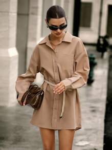 Hanevo Women's Casual Shirt Dress With Button And Belt Fall Cloth For Women - Khaki - View 5