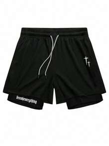 Manfinity Sport Corelite 's Athletic Shorts With Functional Pockets, Letter Print, And Lightweight Design For Active Days Halloween - Black - View 3
