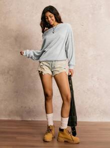 Easelle Casual Versatile Asymmetric Collar Women Sweatshirt In Gray Loose And Comfortable Fall Women Clothes Off The Shoulder - Dark Grey - View 4